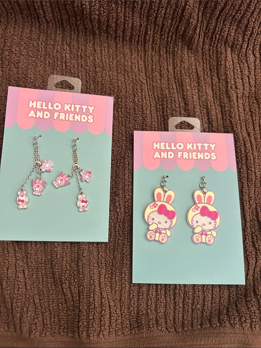Hello Kitty Pink and White Bunny Charm Earrings and Dangle Set